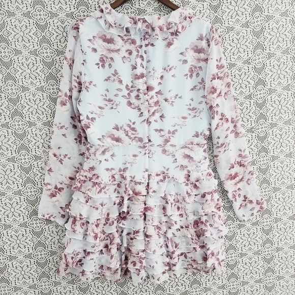 Bardot V neck Floral Long sleeve Ruffle Layer Mini dress 10/ L - Picture 2 of 9